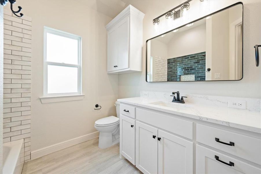 Bathroom with hardwood / wood-style flooring, vanity, toilet, and plenty of natural light