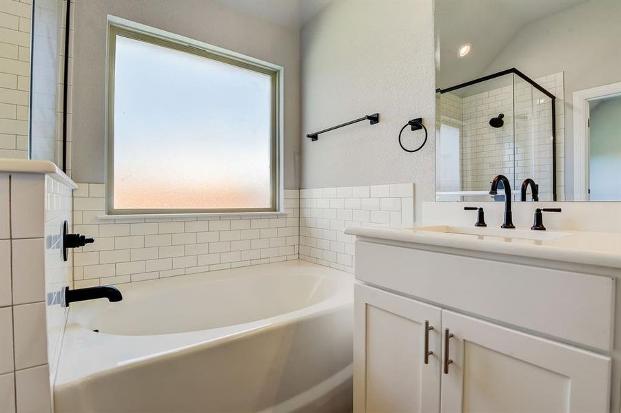 Bathroom featuring separate shower and tub and vanity