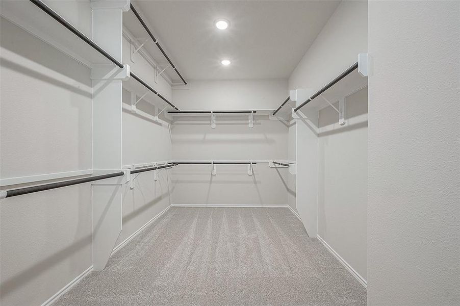Huge primary closet with built-in shelves and hanging racks.