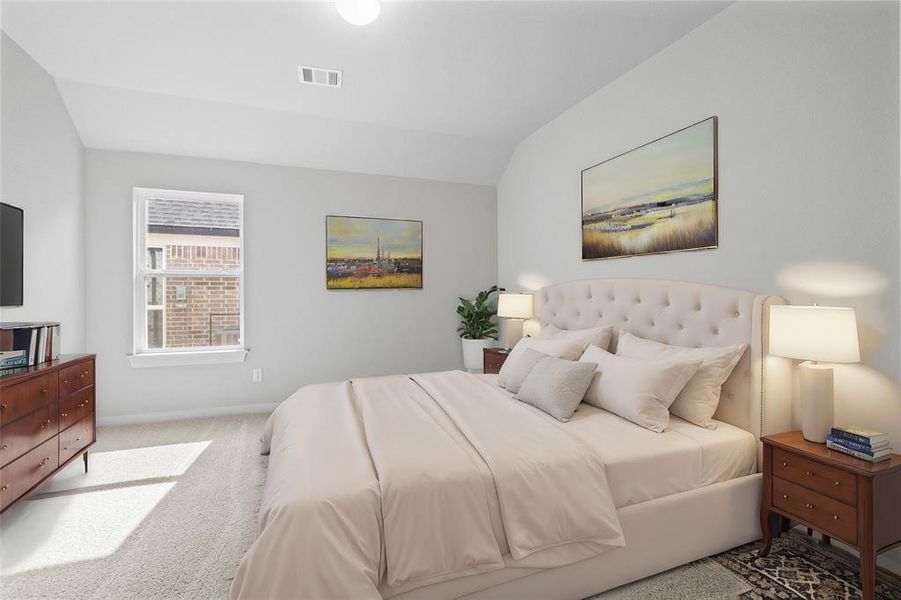 Secondary bedroom features plush carpet, high ceilings, lighting, custom paint and large windows.