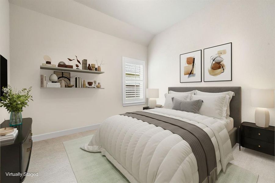 Secondary bedroom features plush carpet, neutral paint, dark stained ceiling fan with lighting and a large window with plantation shutters.