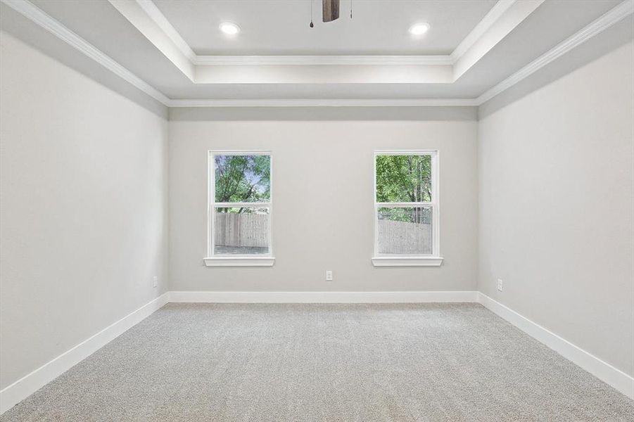 Spare room featuring crown molding, a tray ceiling, and carpet floors