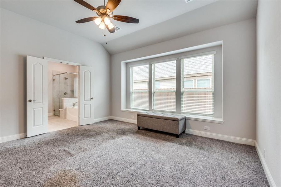 Carpeted spare room featuring a healthy amount of sunlight, vaulted ceiling, and ceiling fan