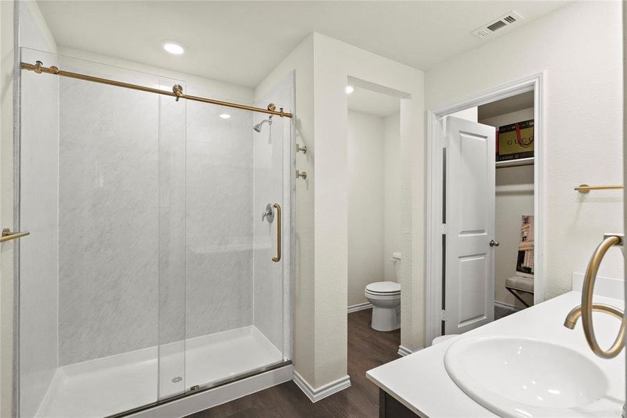 Bathroom with oversized walk in shower with luxury gold details, vanity, wood-style floors