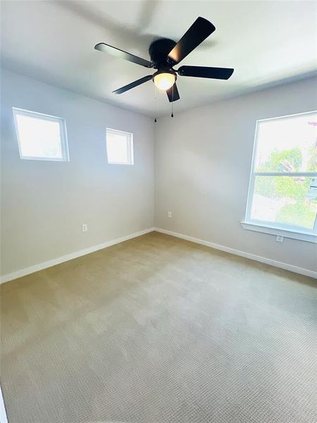 Empty room featuring light carpet, a wealth of natural light, and ceiling fan