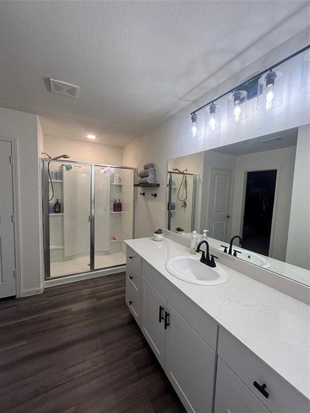 Bathroom with vanity, wood-type flooring, a textured ceiling, and a shower with door