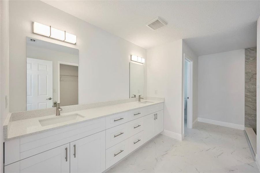 Master bedroom ensuite has a huge double sink vanity, large shower, water closet and walk-in closet.