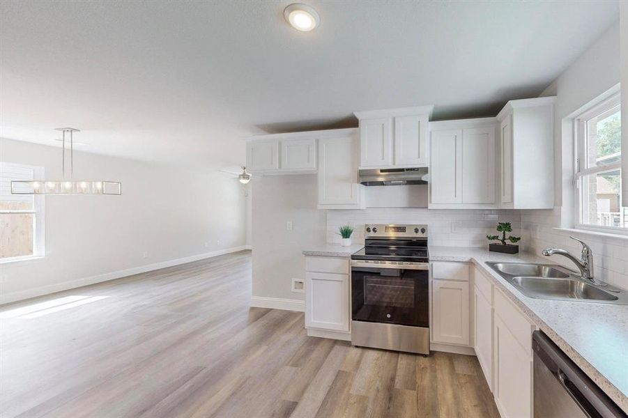 Kitchen featuring light hardwood / wood-style floors, white cabinetry, stainless steel appliances, ventilation hood, and sink