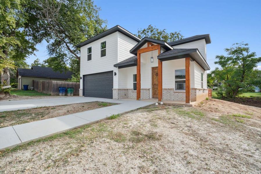 Modern home featuring a garage