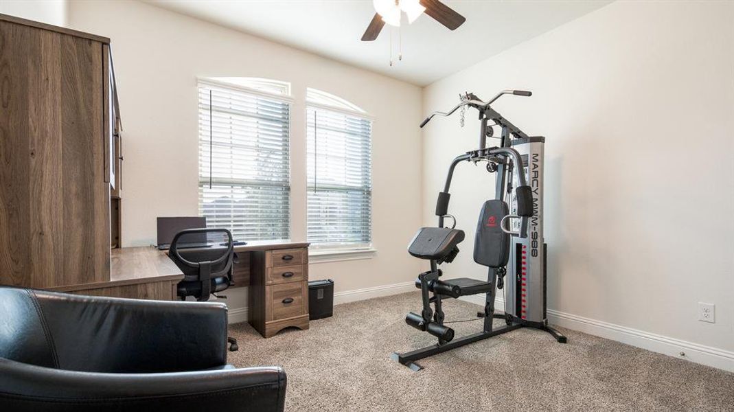 Office with ceiling fan and light colored carpet