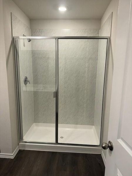 Bathroom featuring walk in shower and wood-type flooring