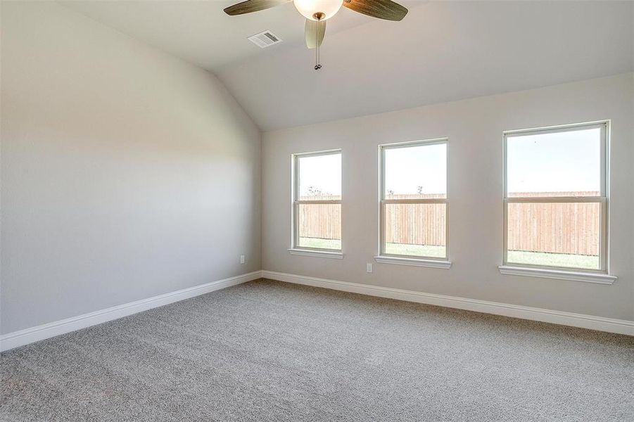 Spare room featuring carpet, ceiling fan, and vaulted ceiling