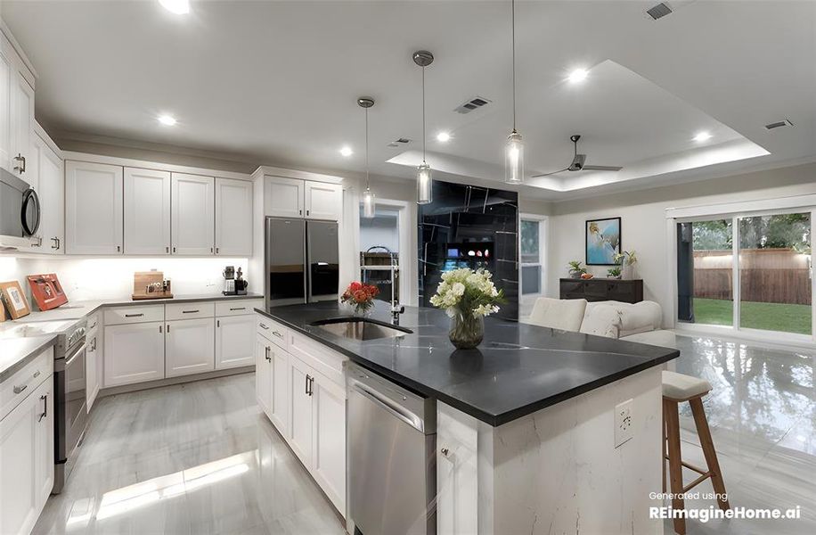 Kitchen with a center island with sink, hanging light fixtures, white cabinetry, sink, and stainless steel appliances- rendering