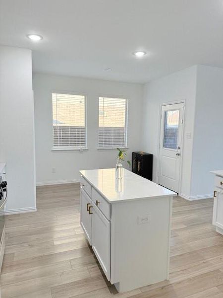 Kitchen with white cabinets, light hardwood / wood-style floors, and a kitchen island