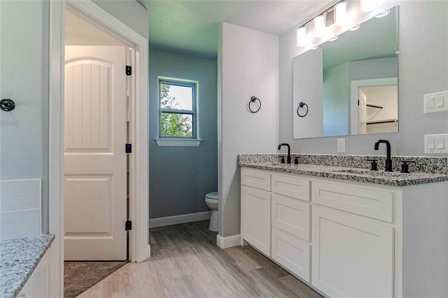 Bathroom with oversized vanity, hardwood / wood-style flooring, and toilet