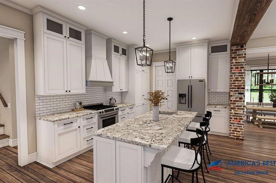 Kitchen with stainless steel appliances, premium range hood, decorative light fixtures, backsplash, and a center island