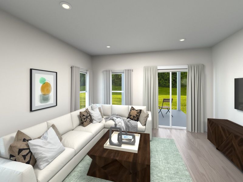 The Roswell's bright, open family room is perfect for movie nights or entertaining.