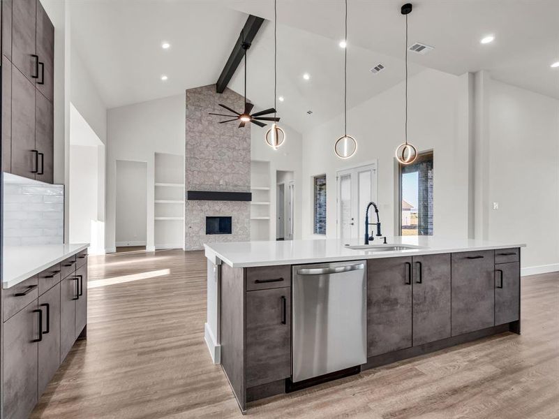 Kitchen with light hardwood / wood-style flooring, dishwasher, high vaulted ceiling, and a fireplace