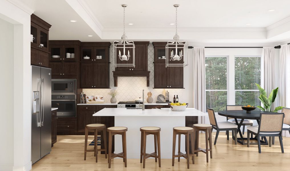 Kitchen with pendant lighting and glass upper cabinets