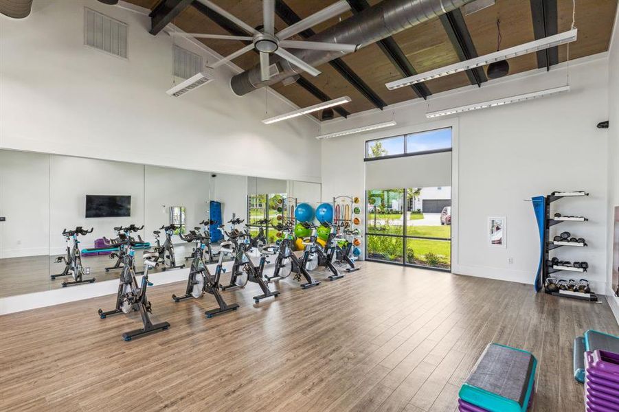 Exercise room with a wealth of natural light, wood-type flooring, and a high ceiling
