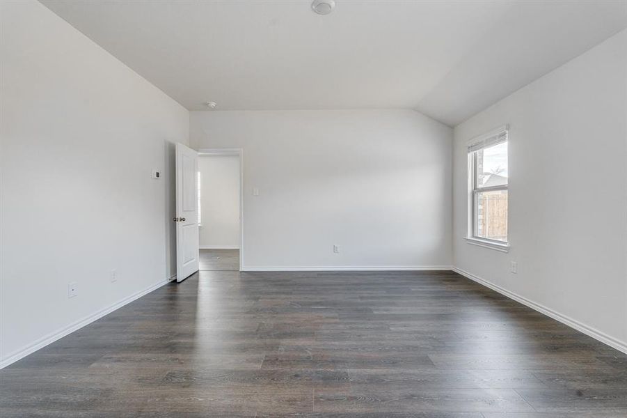 Unfurnished room featuring lofted ceiling and dark wood-type flooring