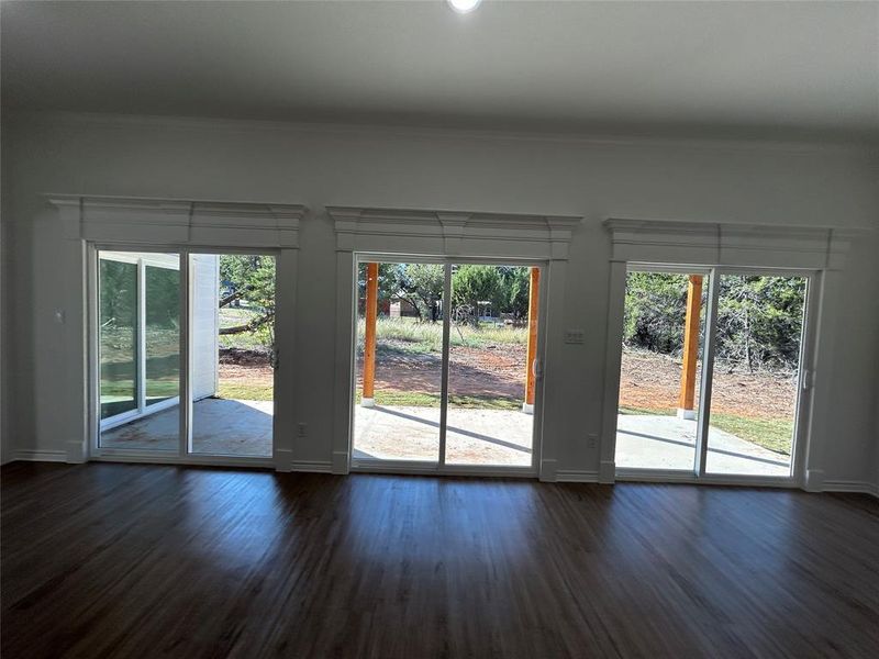 Living room with crown molding around windows, dark hardwood / wood-style floors, and ceiling fan