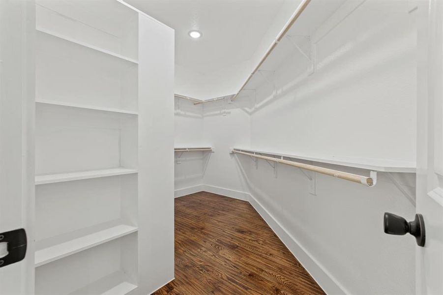 Walk in closet featuring dark hardwood / wood-style floors