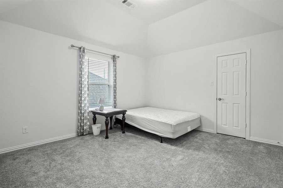 Bedroom featuring carpet floors and vaulted ceiling