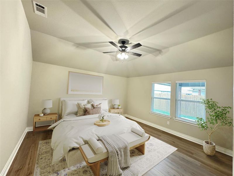 Bedroom with dark wood-type flooring and ceiling fan