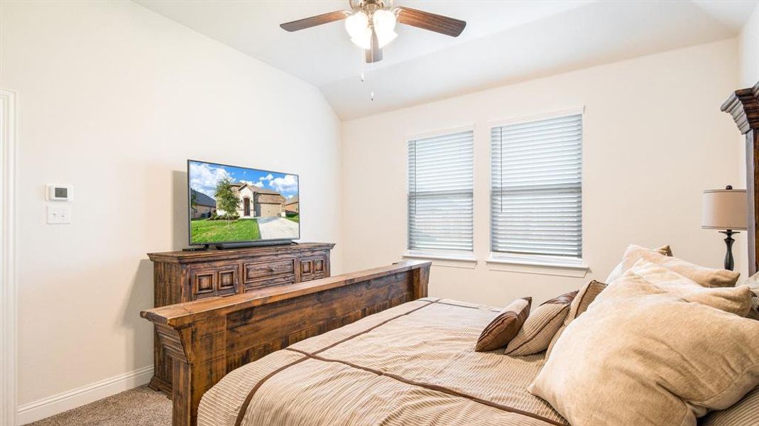 Carpeted bedroom with lofted ceiling and ceiling fan