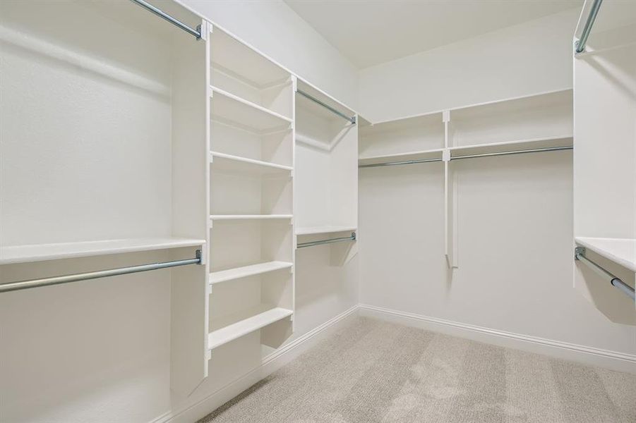 Walk in closet with light colored carpet