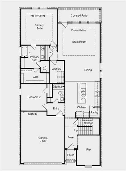 Structural options added include: 12" pop up ceiling in great room/primary suite and open railing.