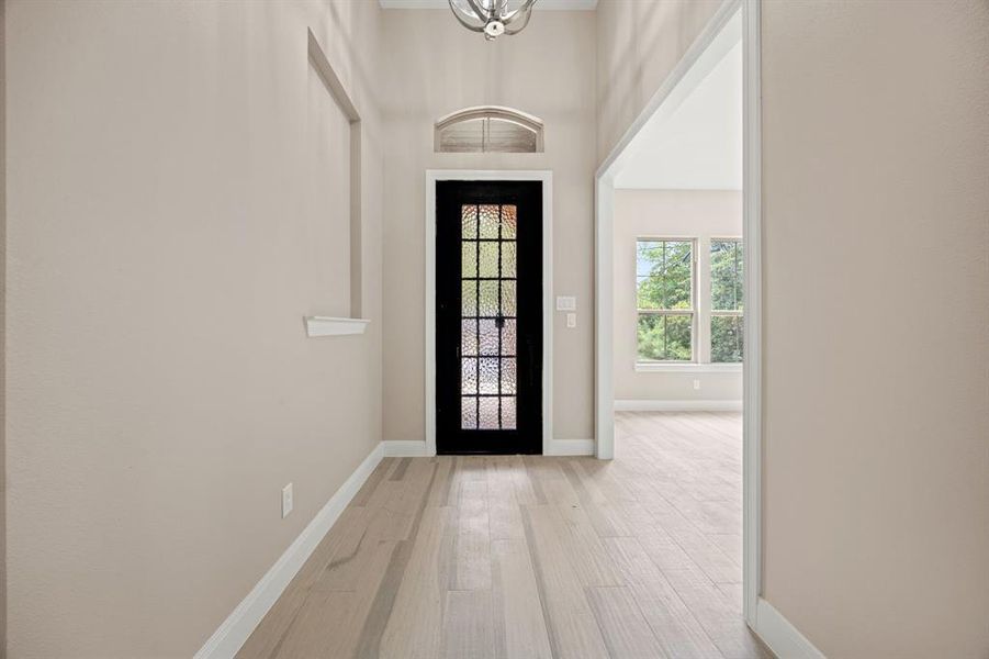 Entryway with light hardwood / wood-style floors and a towering ceiling