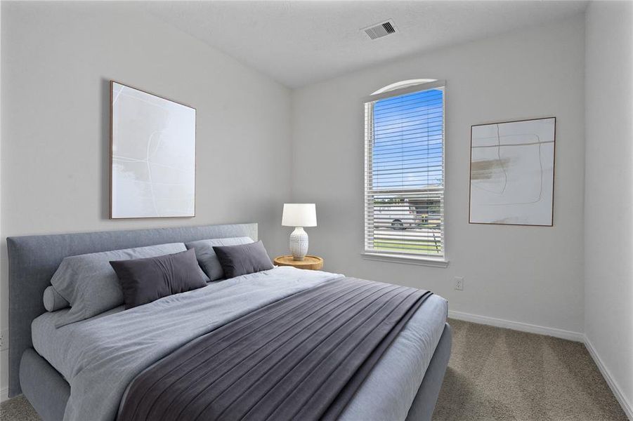 Secondary bedroom features plush carpet, and a large windows with privacy blinds.