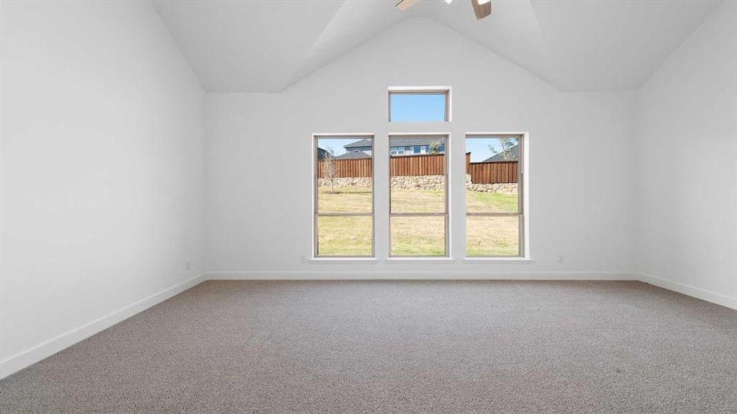 Spare room featuring high vaulted ceiling, carpet flooring, a healthy amount of sunlight, and ceiling fan