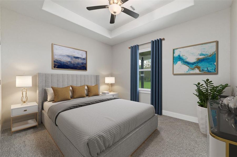 Virtually Staged. Step into the fourth bedroom, where a vaulted ceiling adds a spacious feel and architectural interest. A ceiling fan provides comfort while a large window welcomes natural sunlight, creating a bright and inviting space.