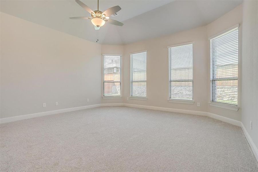 Carpeted empty room featuring plenty of natural light and ceiling fan