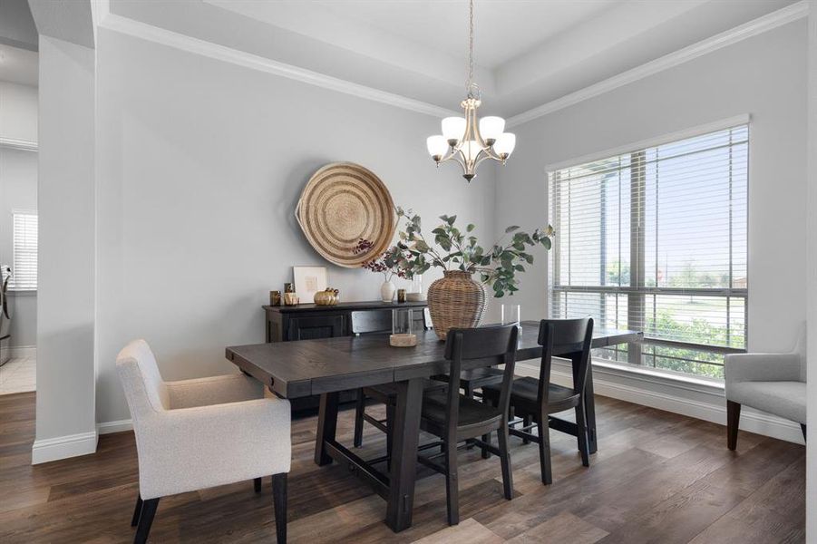 Dining area featuring crown molding, wood-style floors, decorative lighting with plenty of natural light