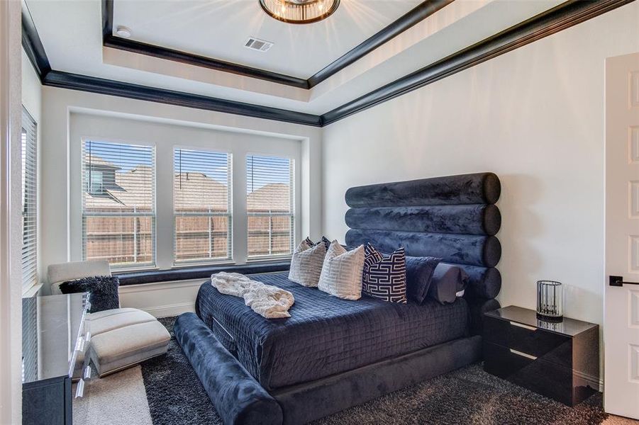 Carpeted bedroom with a tray ceiling and crown molding