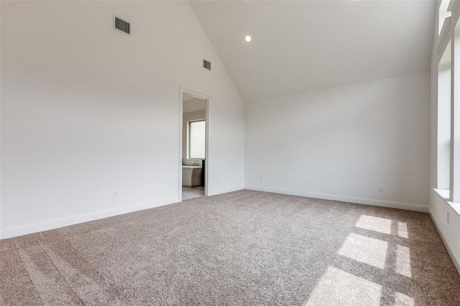 Carpeted empty room with high vaulted ceiling