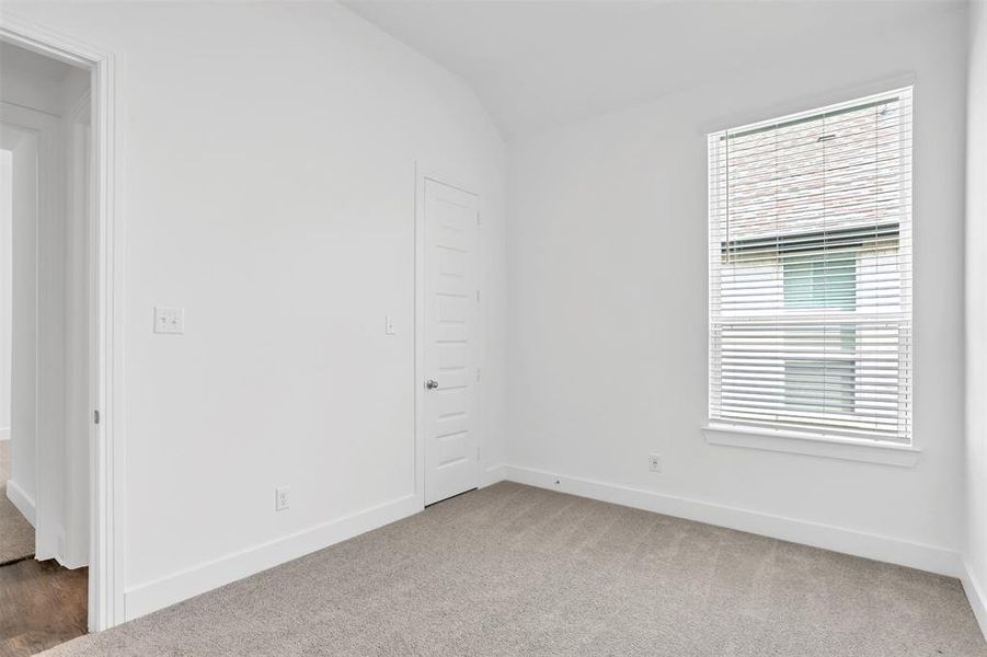 Spare room with carpet floors, vaulted ceiling, and a healthy amount of sunlight