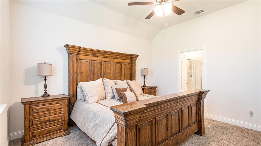 Carpeted bedroom with ensuite bathroom, lofted ceiling, and ceiling fan