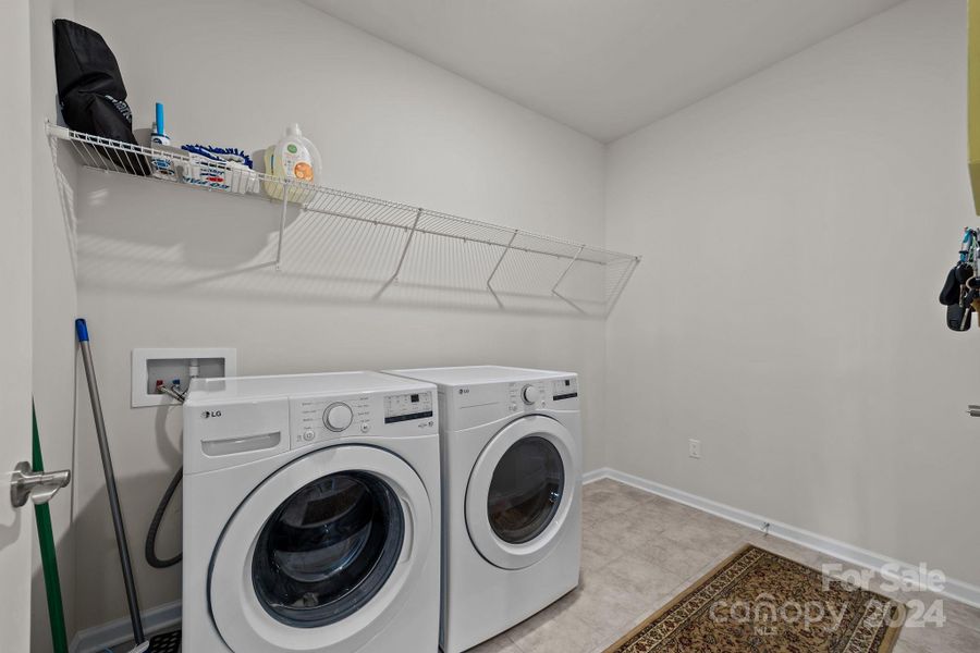 Full sized Laundry facility with space for drop zone, leading to garage and kitchen.  Convenient and well-placed!