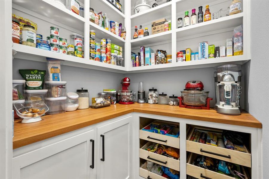 Large pantry with butcher block countertops and built-in cabinets tailored for organization