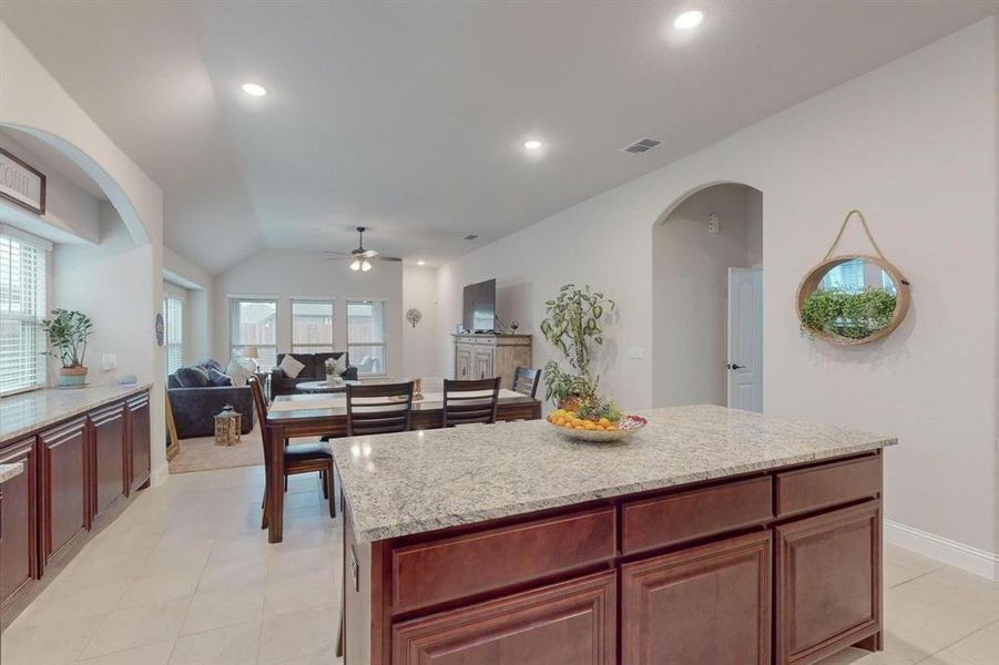 Kitchen featuring plenty of natural light, ceiling fan, a center island, and vaulted ceiling