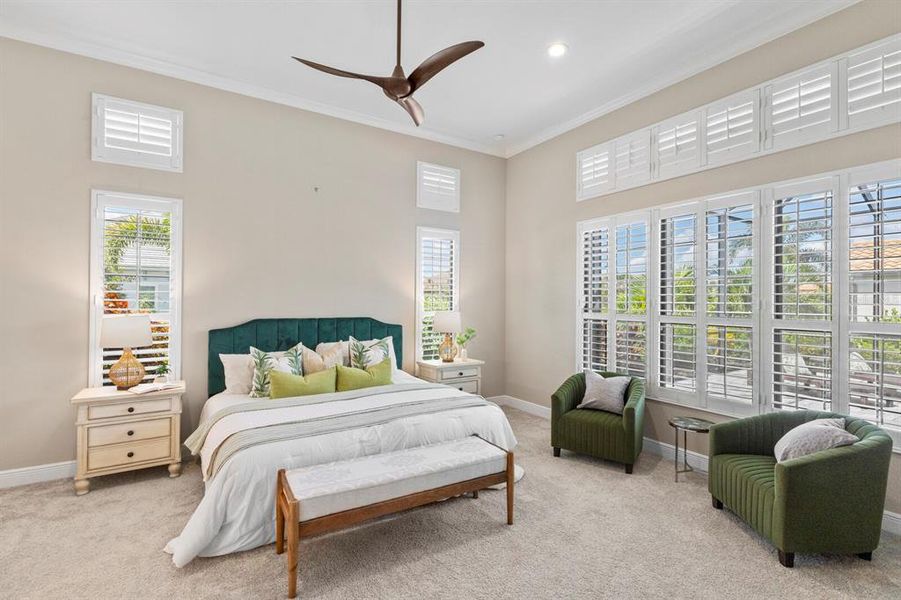 Primary Bedroom with 12 foot ceilings and lots of windows