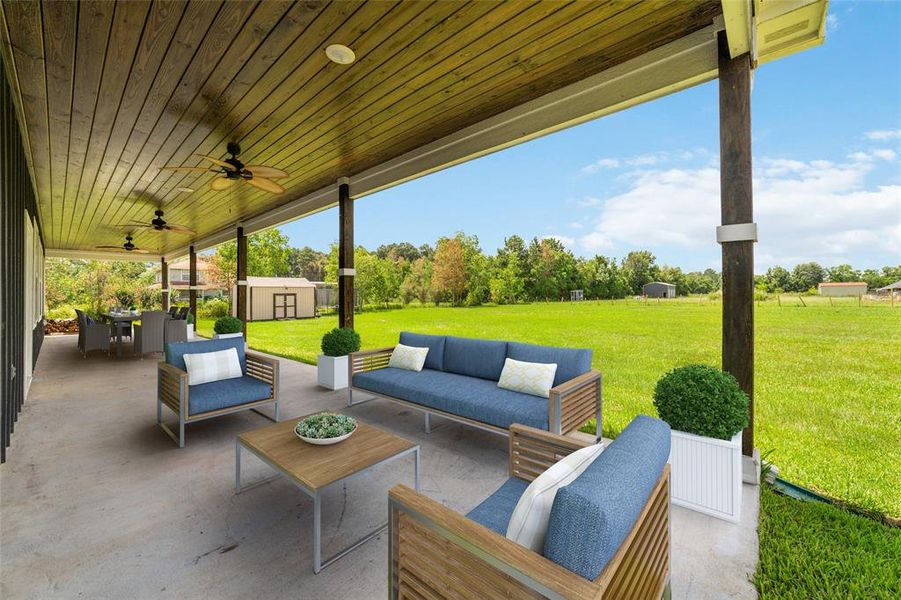 Virtually Staged. With its charming beadboard ceiling and strategically placed overhead fans, this backyard provides ample space for children and pets to enjoy. A storage shed offers convenient storage for outdoor items. Imagine transforming this expansive area into your dream outdoor oasis, whether it's a serene garden retreat or an entertainment space for gatherings with friends and family.