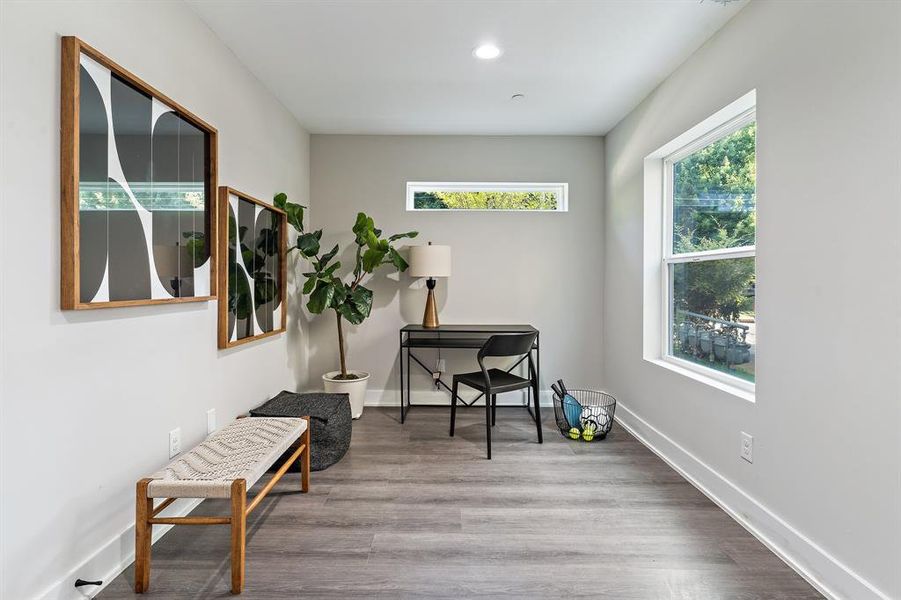 Office space with wood-type flooring