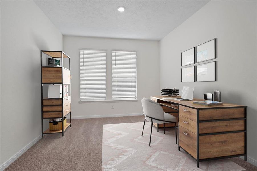 The flex space here is featured as a home office! Featuring plush carpet, high ceilings, recessed lighting, large windows with privacy blinds and custom paint!