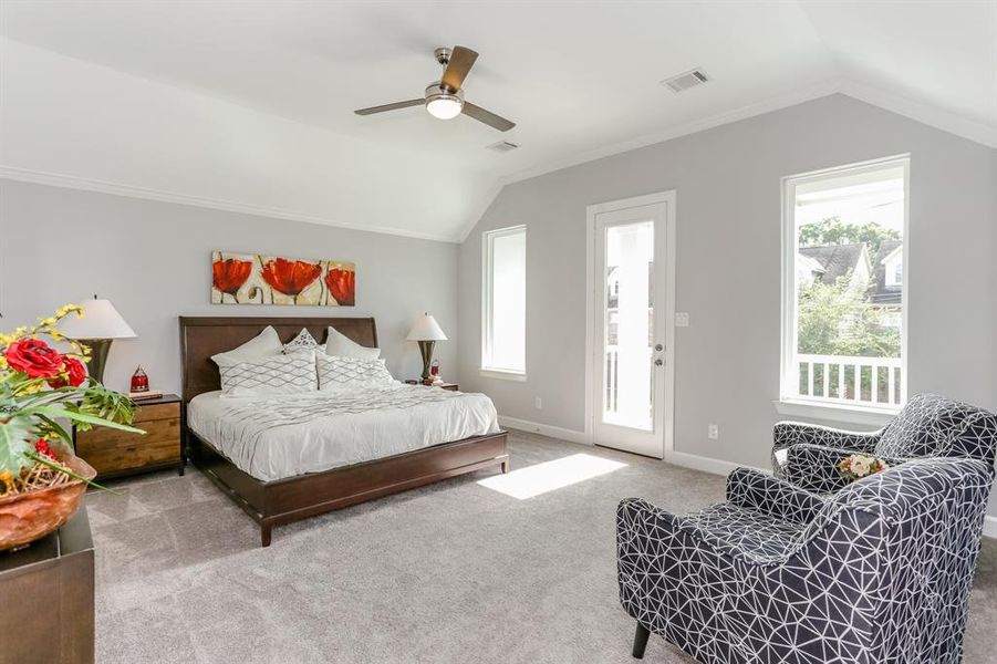 Primary bedroom includes ample space for a sitting area.Rooms are virtually staged and the floor plan shown is from a similar home in another community. Actual layouts and furnishings may vary. Please visit the property for accurate details.